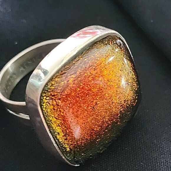 🐢 Solid 925 sterling silver Iridescent Dichroic Glass open ring - Picture 1 of 3